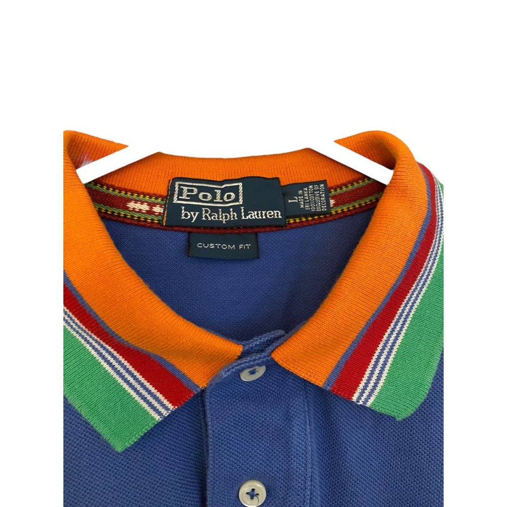 Ralph Lauren Polo Shirt Mens‎ Large Delphinium Custom Slim Fit Multicolor Collar